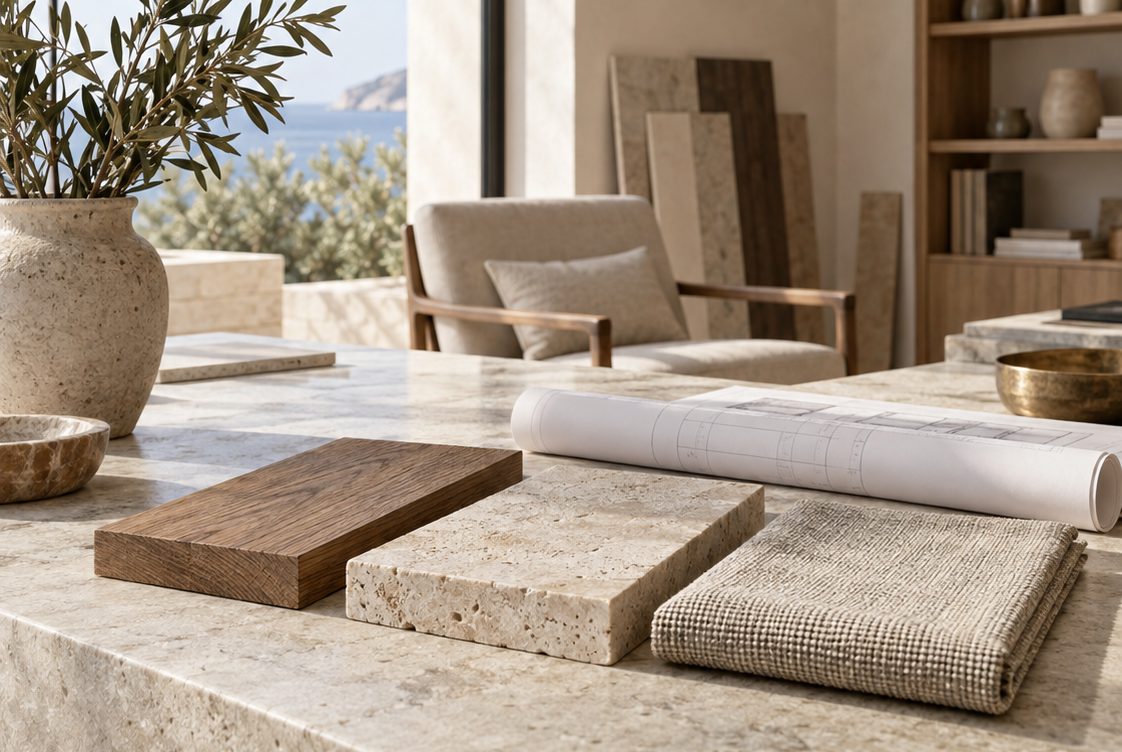 Wood, stone and linen samples on a stone table