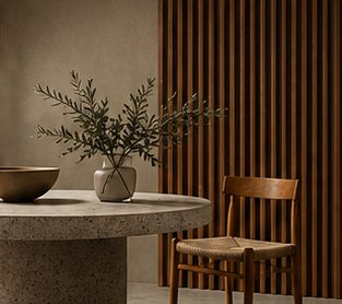 Stone table and wooden chair in a calm interior