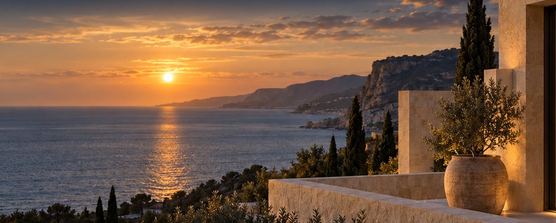 Sunset over the coast from a stone terrace