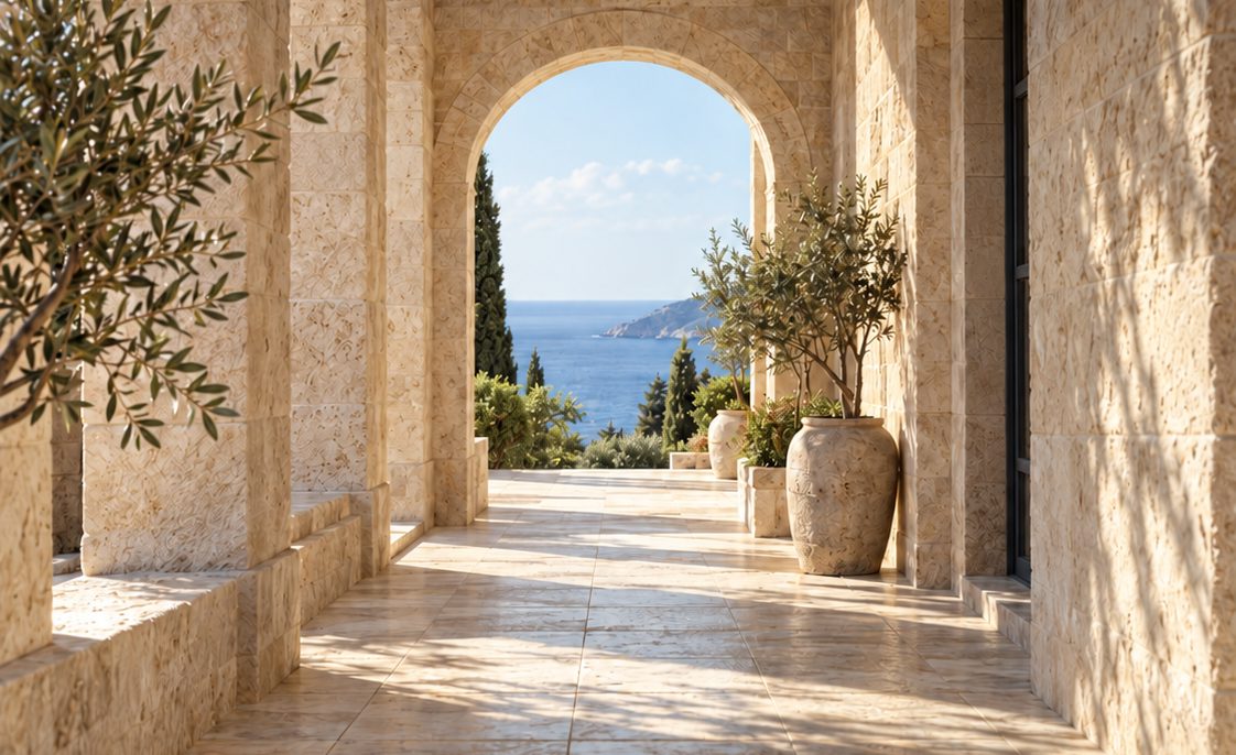 A stone arcade opening onto the sea