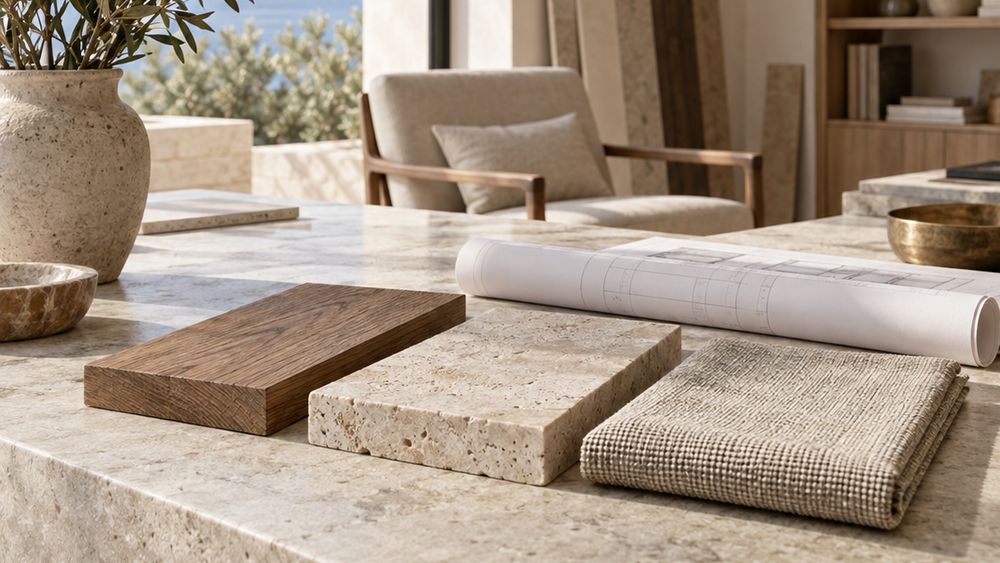 Wood, stone and linen samples on a stone table